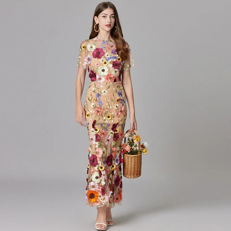 Women's Floral Mesh Sleeveless Maxi Dress