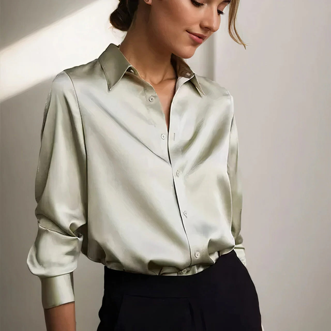 Women's Satin Long Sleeve Blouse White - VibreMode
