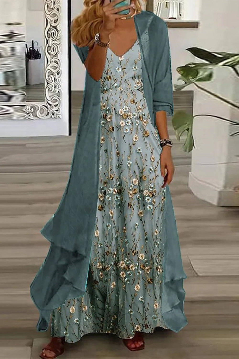 Women's Floral Maxi Dress Set V-Neck with Cardigan - VibreMode