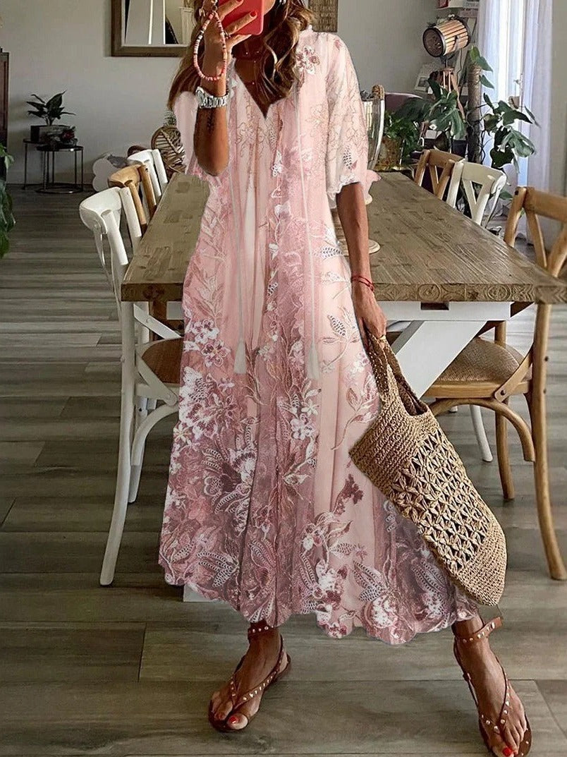 Women's Floral Maxi Dress V-Neck Half Sleeve Loose Fit - VibreMode