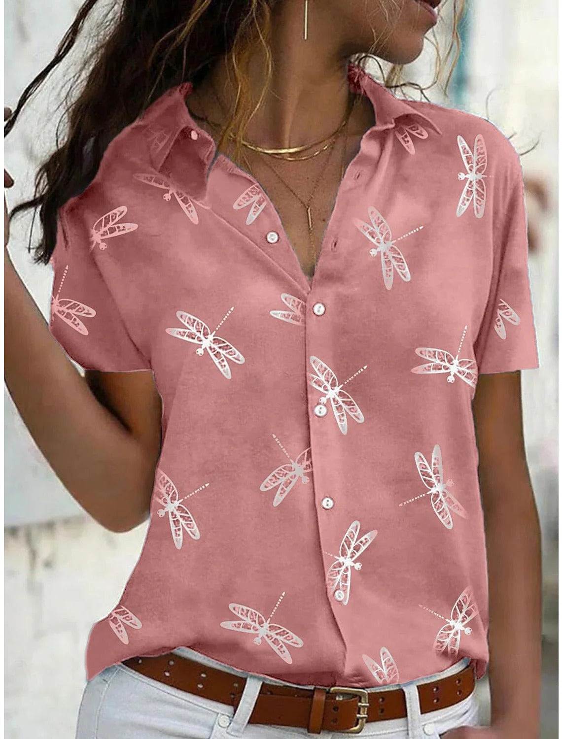 Women's Short Sleeve Button-Down Shirt Dragonfly Print - VibreMode