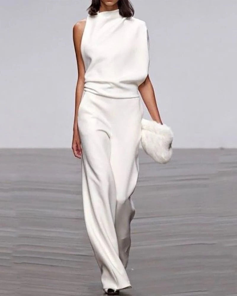 Women's Sleeveless Jumpsuit Wide Leg Ivory Formal - VibreMode
