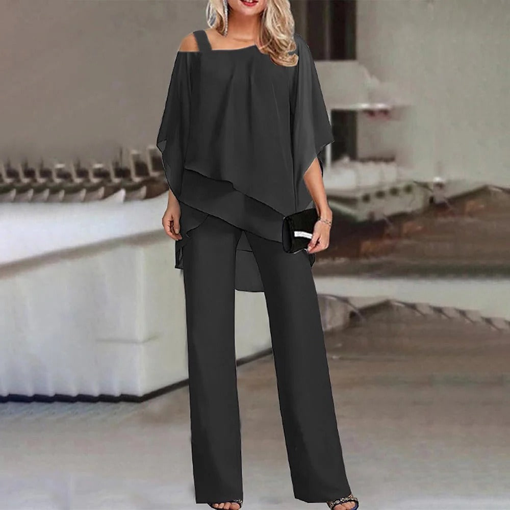 Women's Wide Leg Jumpsuit Chiffon Cold Shoulder Beige - VibreMode
