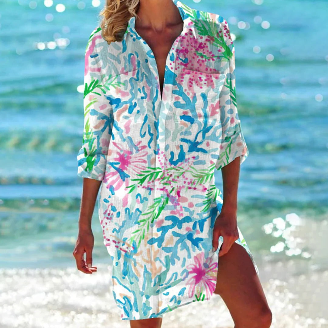 Women's Tropical Print Beach Dress 3/4 Sleeve Cover Up - VibreMode