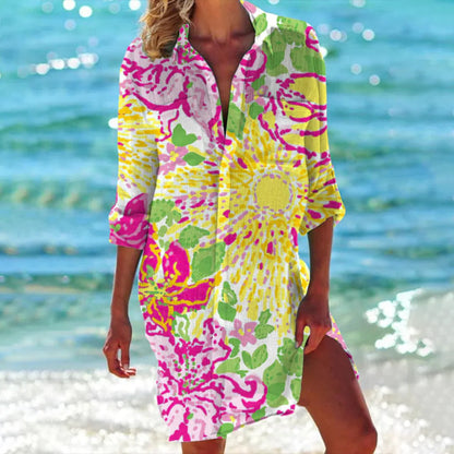 Women's Tropical Print Beach Dress 3/4 Sleeve Cover Up