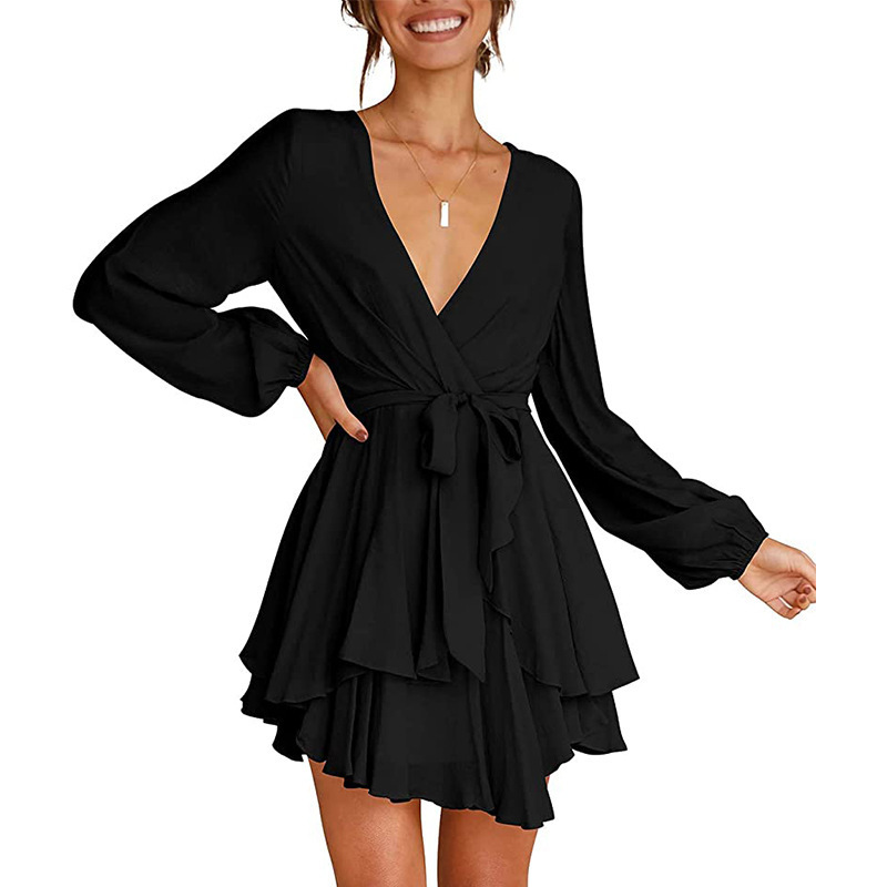 Women's V-Neck Lantern Sleeve Dress - VibreMode