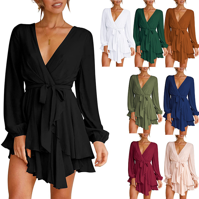 Women's V-Neck Lantern Sleeve Dress