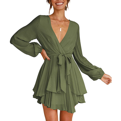 Women's V-Neck Lantern Sleeve Dress