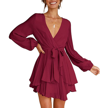 Women's V-Neck Lantern Sleeve Dress