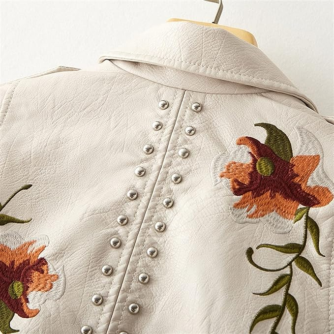 Women's Leather Jacket Embroidered With Studs Black