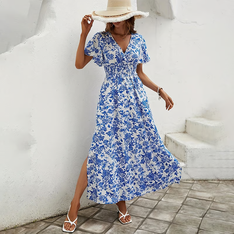 Summer Floral V Neck Maxi Beach Dress - VibreMode