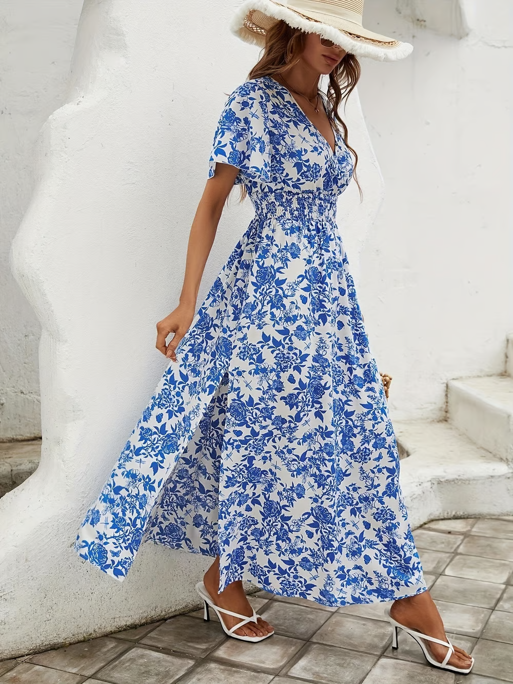 Summer Floral V Neck Maxi Beach Dress