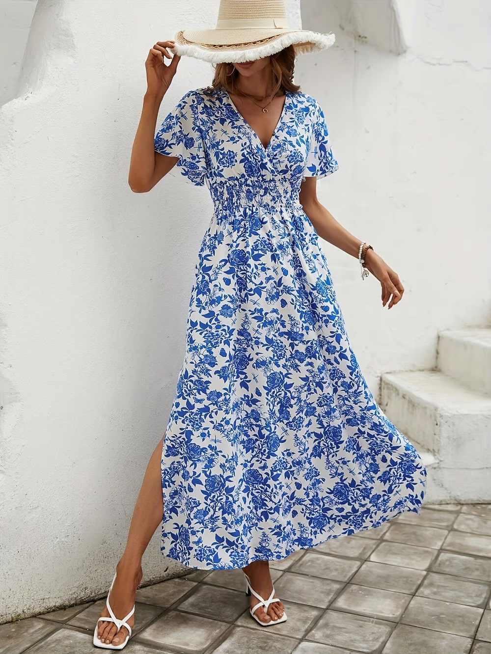 Summer Floral V Neck Maxi Beach Dress