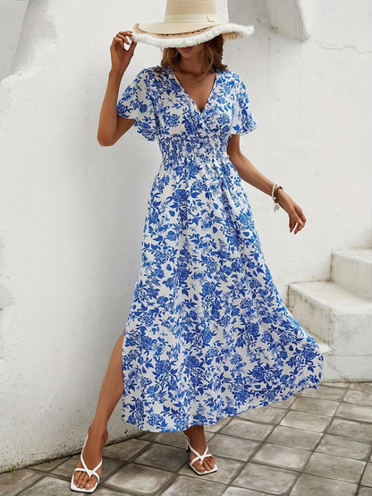 Summer Floral V Neck Maxi Beach Dress