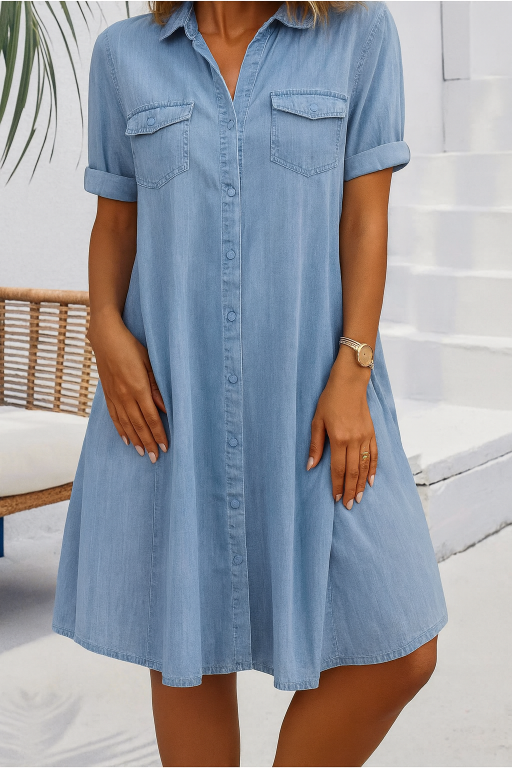 Women's Collared Dress With Front Pockets - VibreMode