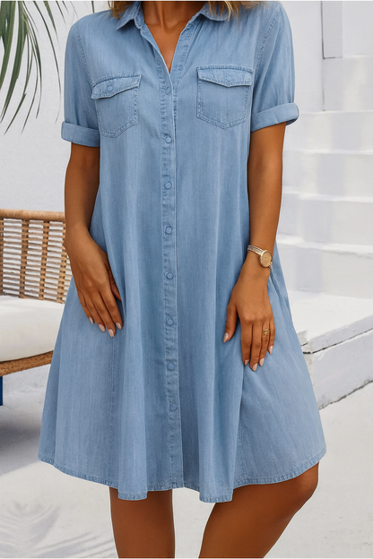 Women's Collared Dress With Front Pockets - VibreMode