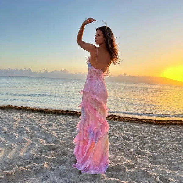 Women's Floral Ruffle Maxi Dress V-Neck Spaghetti Strap