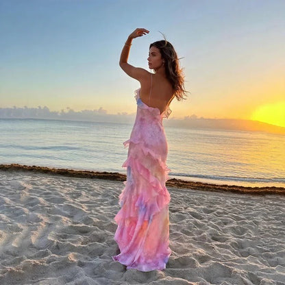 Women's Floral Ruffle Maxi Dress V-Neck Spaghetti Strap