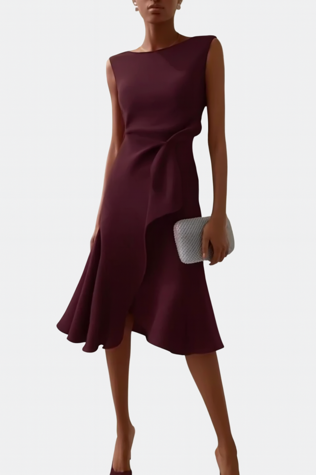 Women's Sleeveless Midi Dress Round Neck Draped Waist Asymmetric