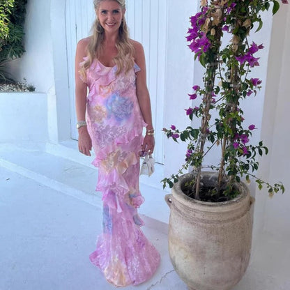 Women's Floral Ruffle Maxi Dress V-Neck Spaghetti Strap