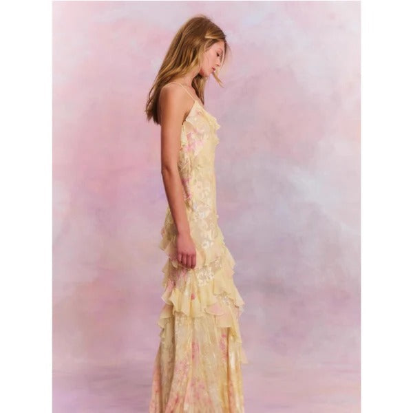 Women's Floral Ruffle Maxi Dress V-Neck Spaghetti Strap