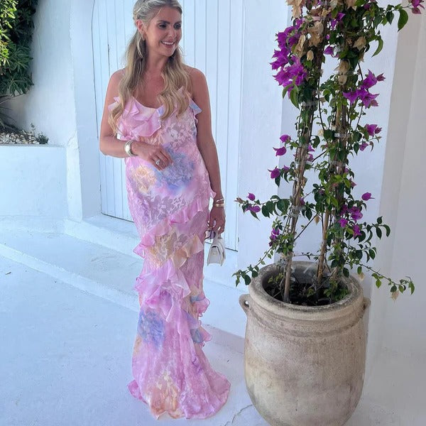 Women's Floral Ruffle Maxi Dress V-Neck Spaghetti Strap