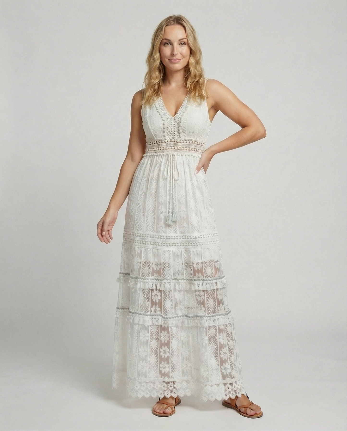 Women's Lace Maxi Dress Tiered Tassel Waist