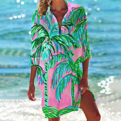 Women's Tropical Print Beach Dress 3/4 Sleeve Cover Up