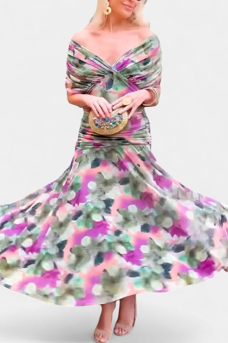 Elegant V Neck Ruffled Floor Length Dress