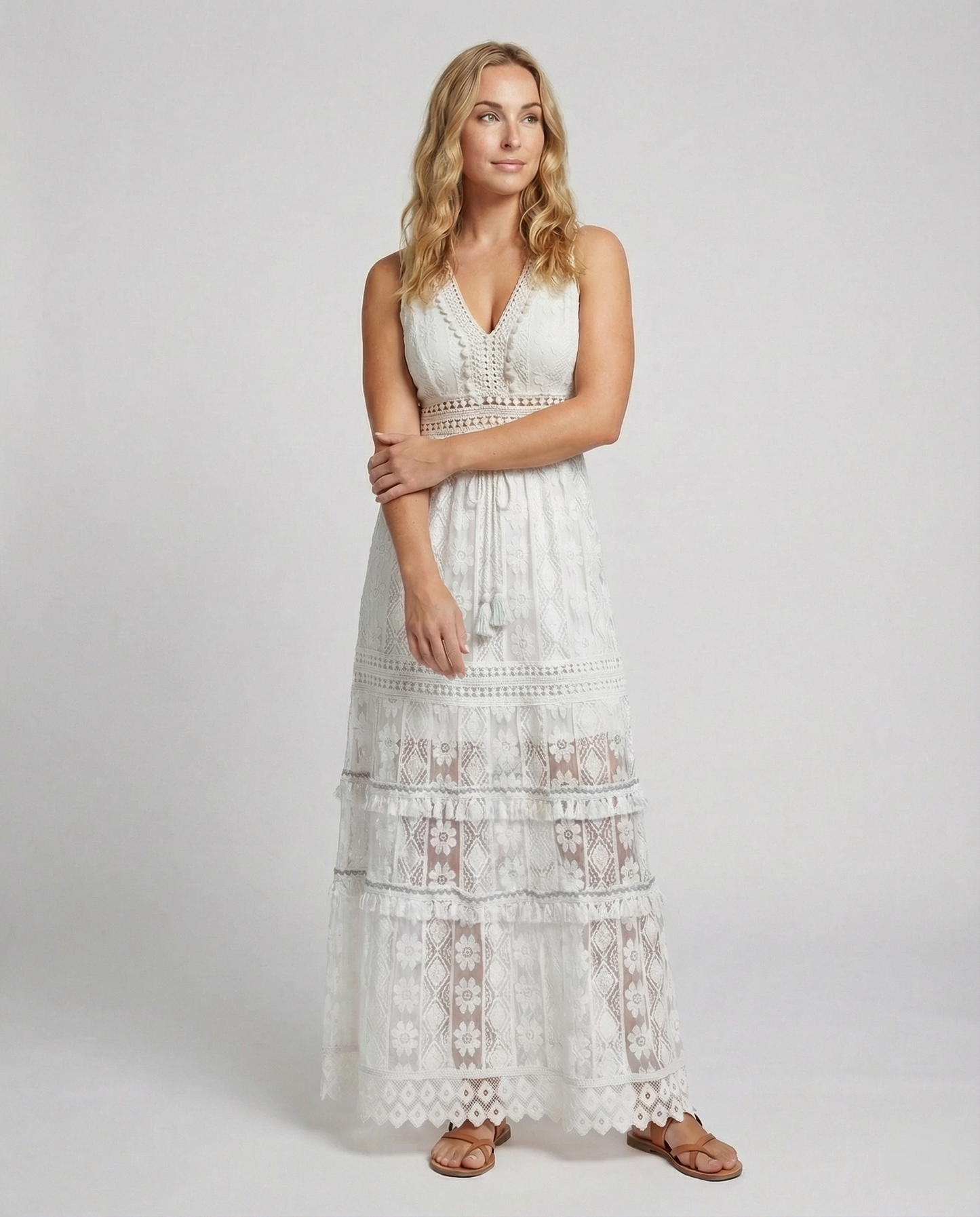 Women's Lace Maxi Dress Tiered Tassel Waist