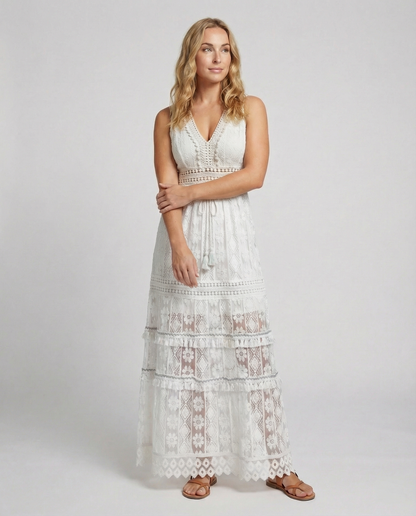 Women's Lace Maxi Dress Tiered Tassel Waist