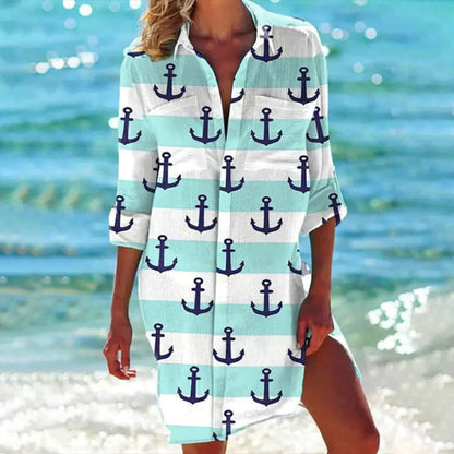 Women's Tropical Print Beach Dress 3/4 Sleeve Cover Up