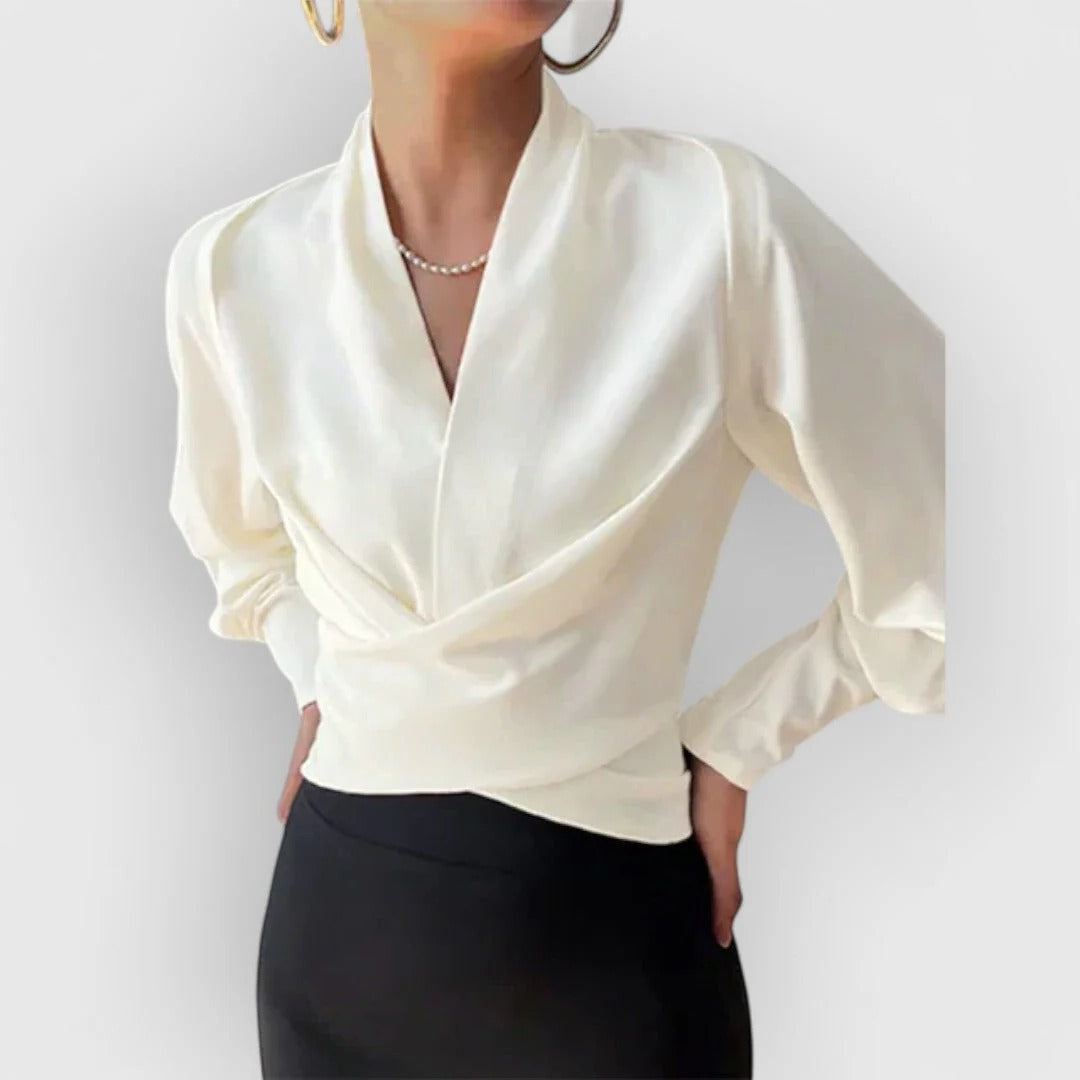 Women's Satin V-Neck Blouse Long Sleeve Teal Wrap