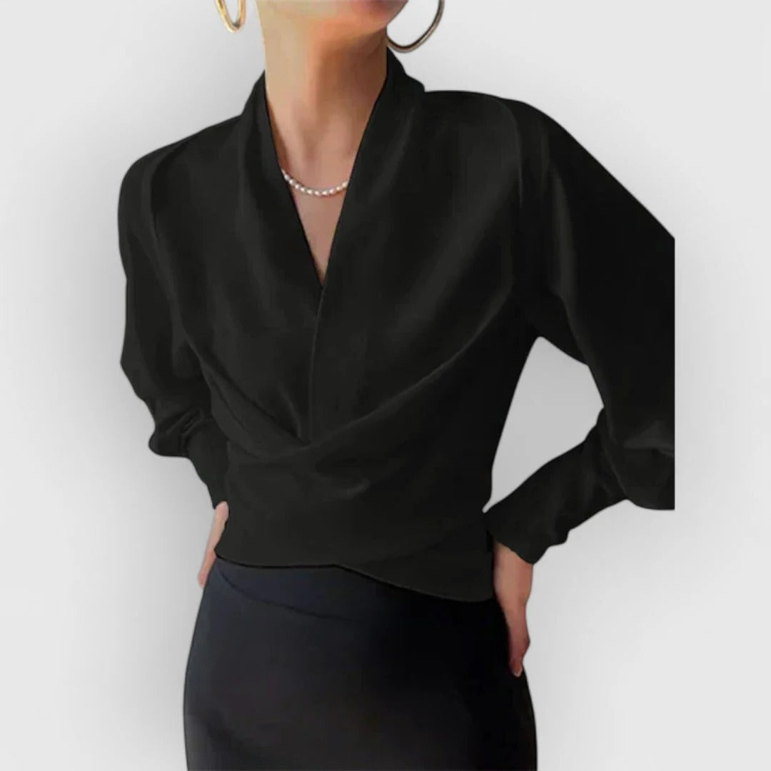 Women's Satin V-Neck Blouse Long Sleeve Teal Wrap