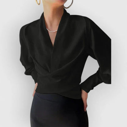Women's Satin V-Neck Blouse Long Sleeve Teal Wrap