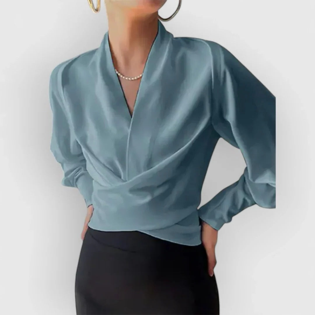 Women's Satin V-Neck Blouse Long Sleeve Teal Wrap