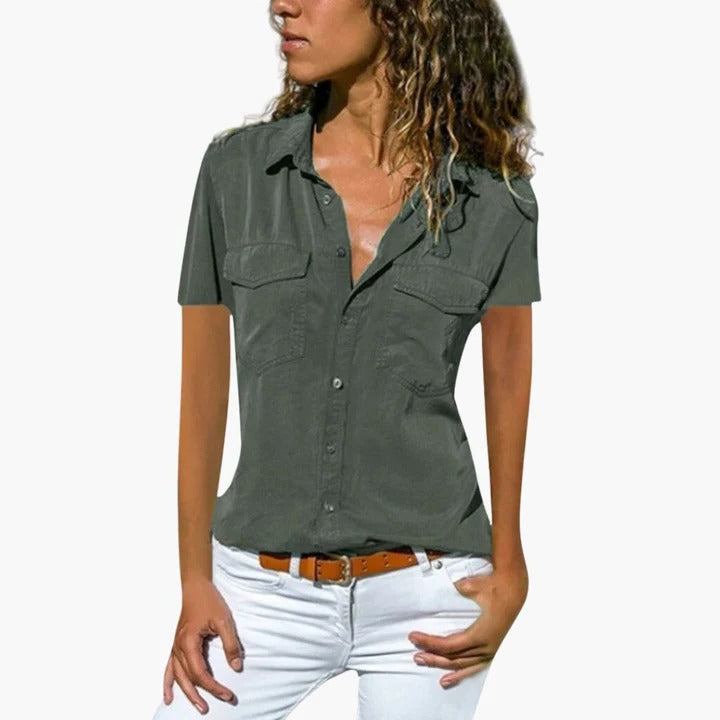Women's Short Sleeve Button Down Shirt Collar Blouse