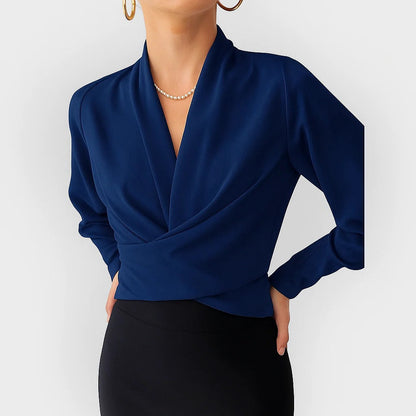 Women's Satin V-Neck Blouse Long Sleeve Teal Wrap - VibreMode