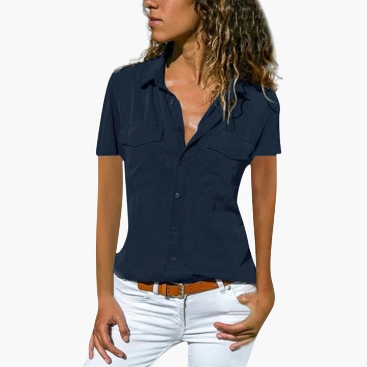 Women's Short Sleeve Button Down Shirt Collar Blouse