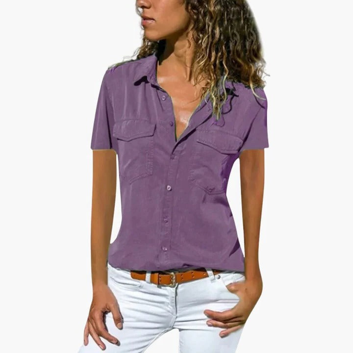 Women's Short Sleeve Button Down Shirt Collar Blouse