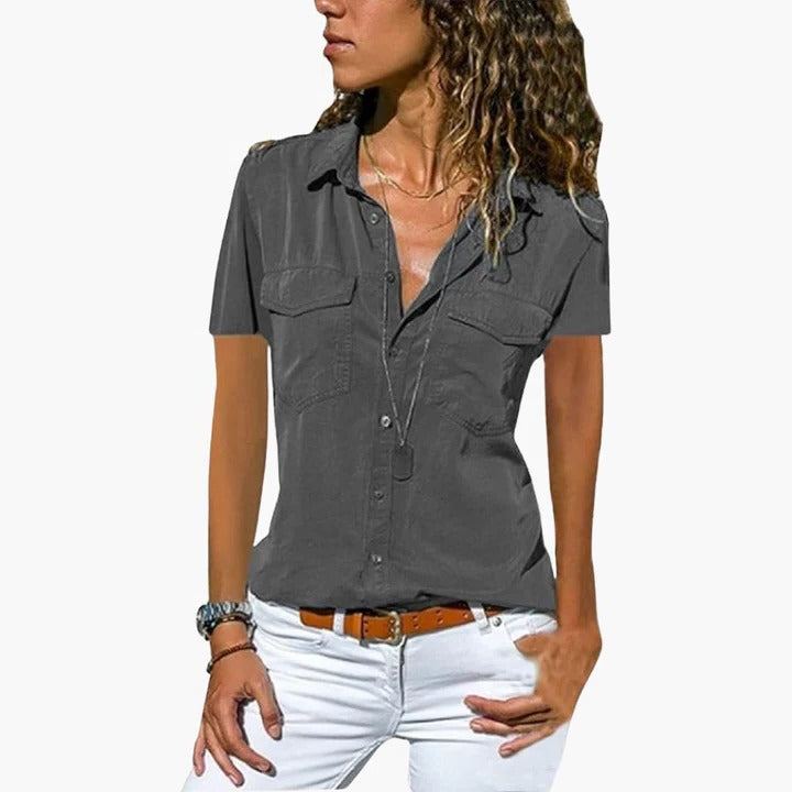 Women's Short Sleeve Button Down Shirt Collar Blouse