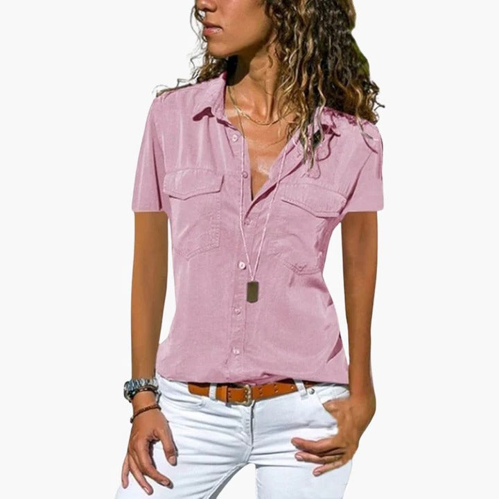 Women's Short Sleeve Button Down Shirt Collar Blouse