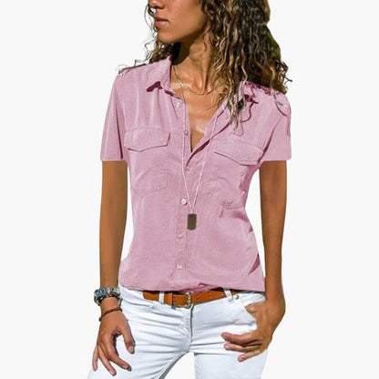 Women's Short Sleeve Button Down Shirt Collar Blouse