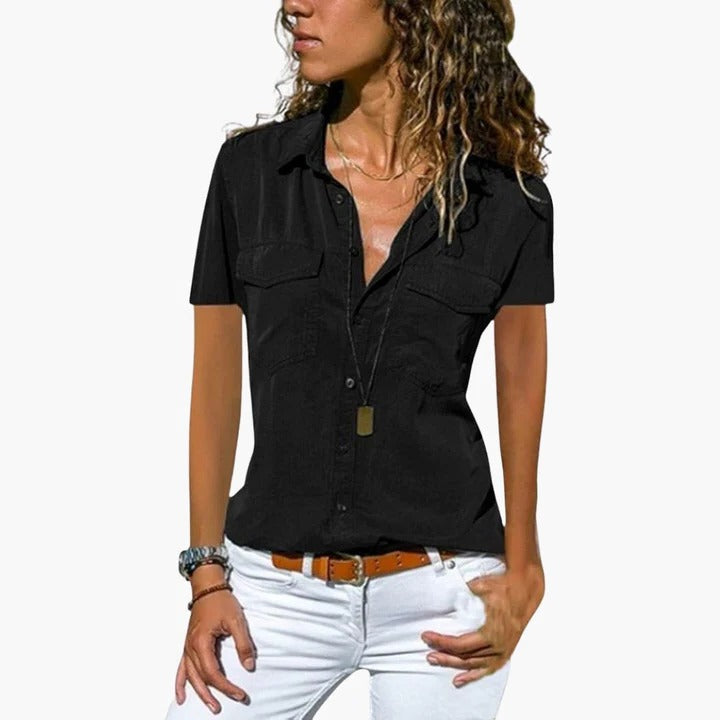 Women's Short Sleeve Button Down Shirt Collar Blouse - VibreMode