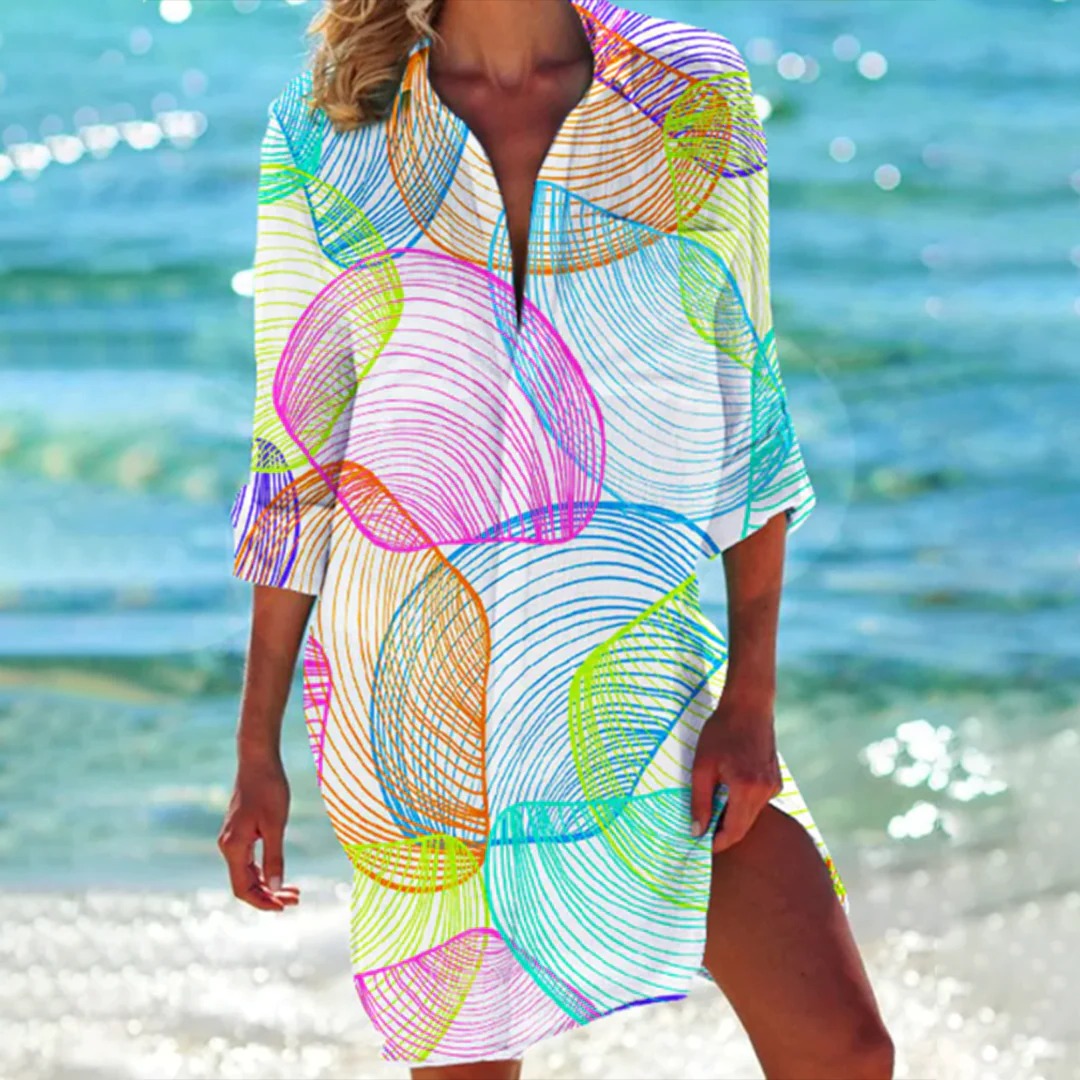 Women's Tropical Print Beach Dress 3/4 Sleeve Cover Up