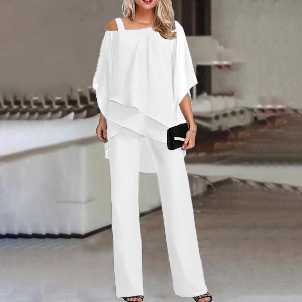 Women's Wide Leg Jumpsuit Chiffon Cold Shoulder Beige