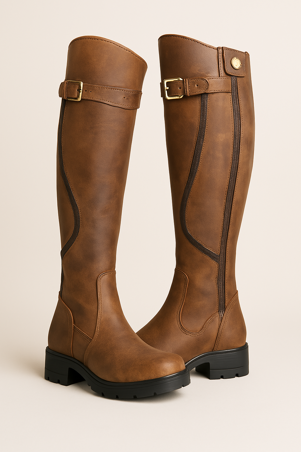 Women's Knee-High Boots Buckle Strap Lug Sole - VibreMode
