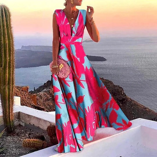 Women's Floral Maxi Dress Sleeveless Deep V-Neck - VibreMode