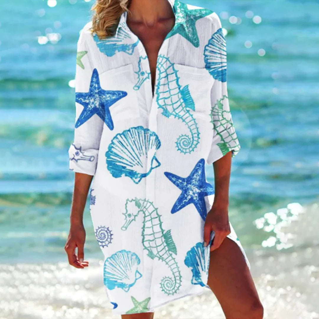 Women's Tropical Print Beach Dress 3/4 Sleeve Cover Up