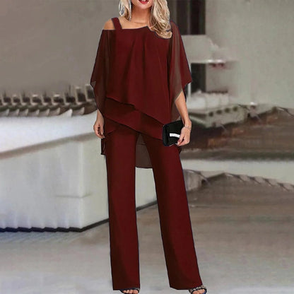 Women's Wide Leg Jumpsuit Chiffon Cold Shoulder Beige